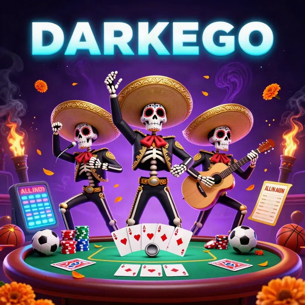 Skeleton mariachi trio amid poker chips, aces, sports bets, and neon casino magic