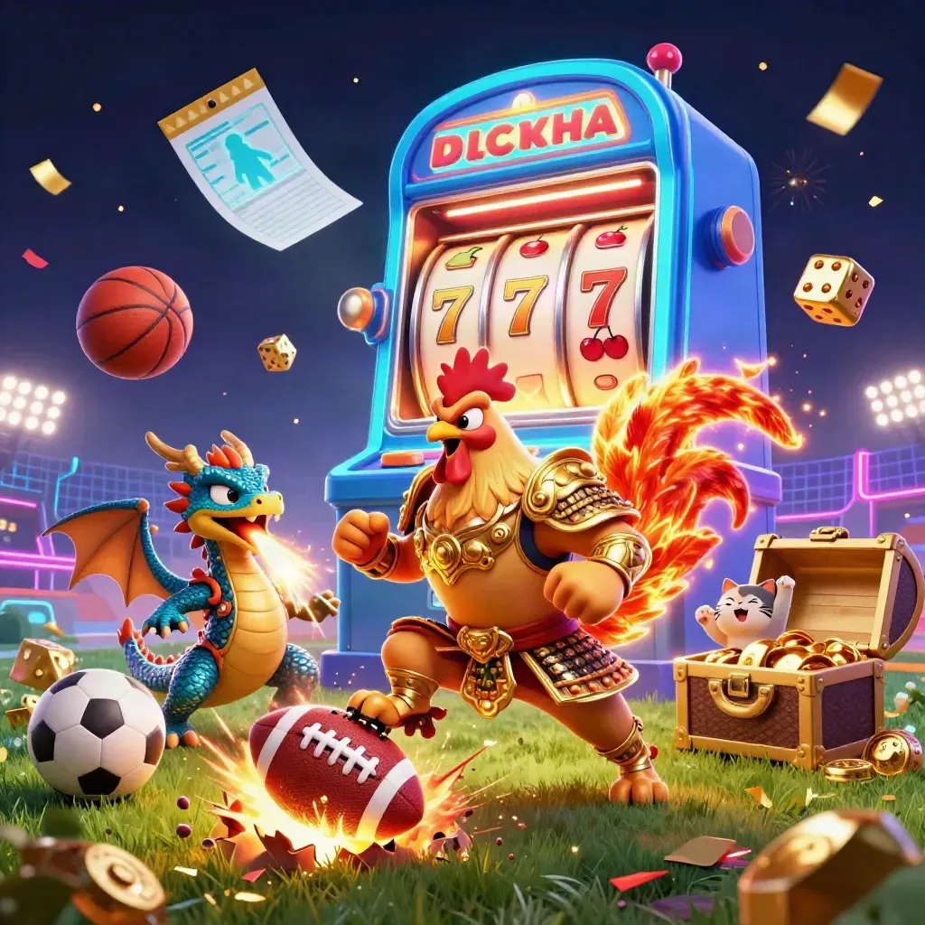Rooster warrior, dragon hatchling and fortune cat amid casino lights, sports gear and jackpot chaos.