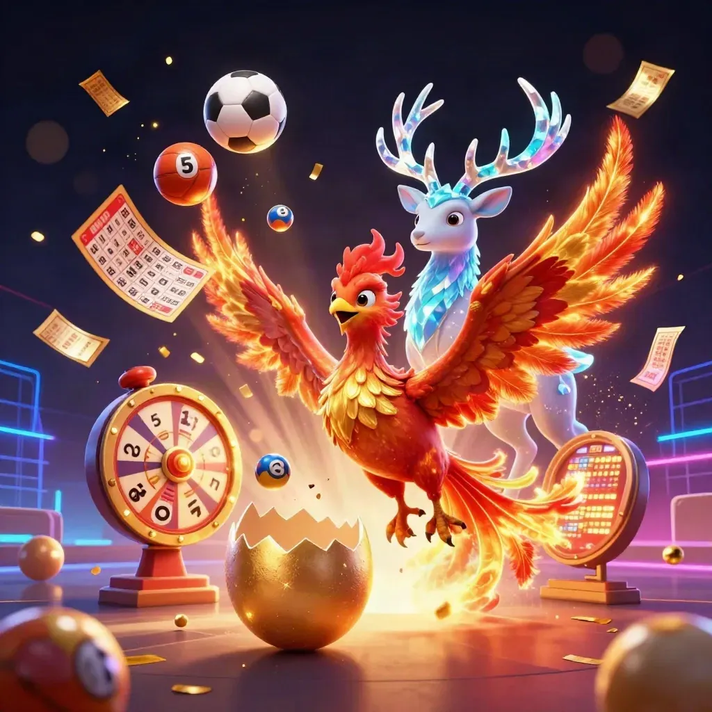 Phoenix, stag and casino icons exploding in neon key art with balls, wheel and glowing haze