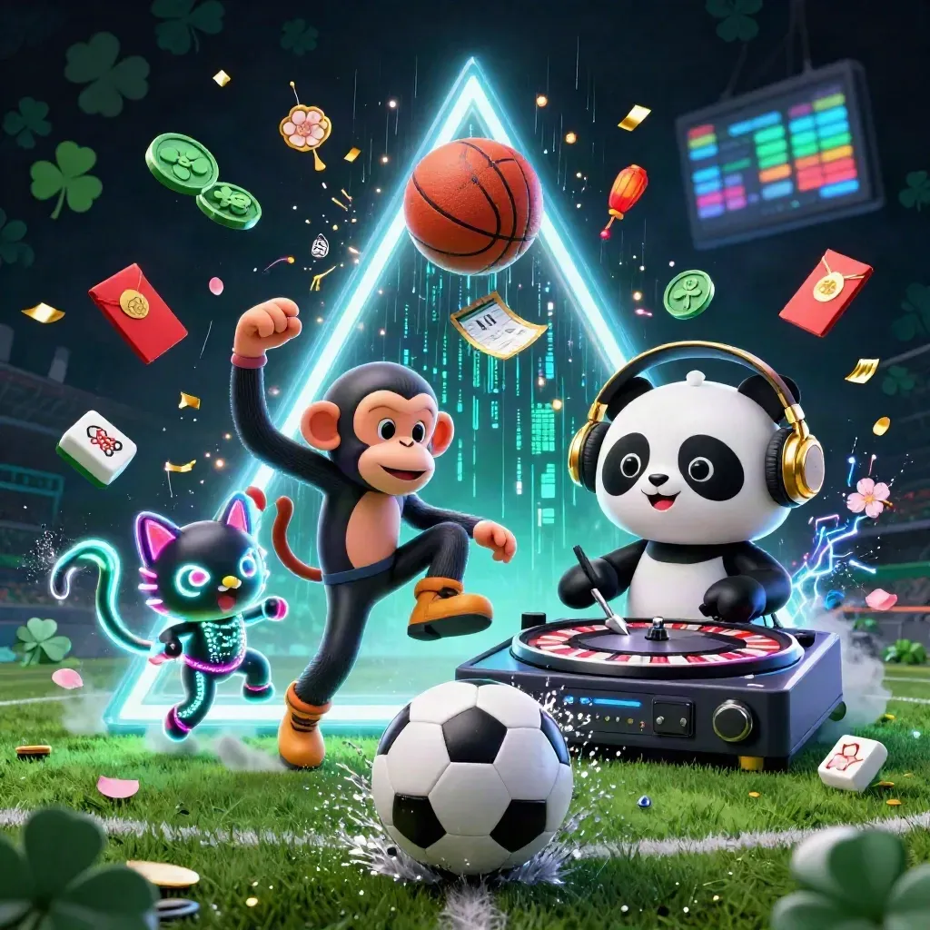Ground-level casino soccer art with a panda DJ, breakdancing monkey, kitten, and exploding neon props.