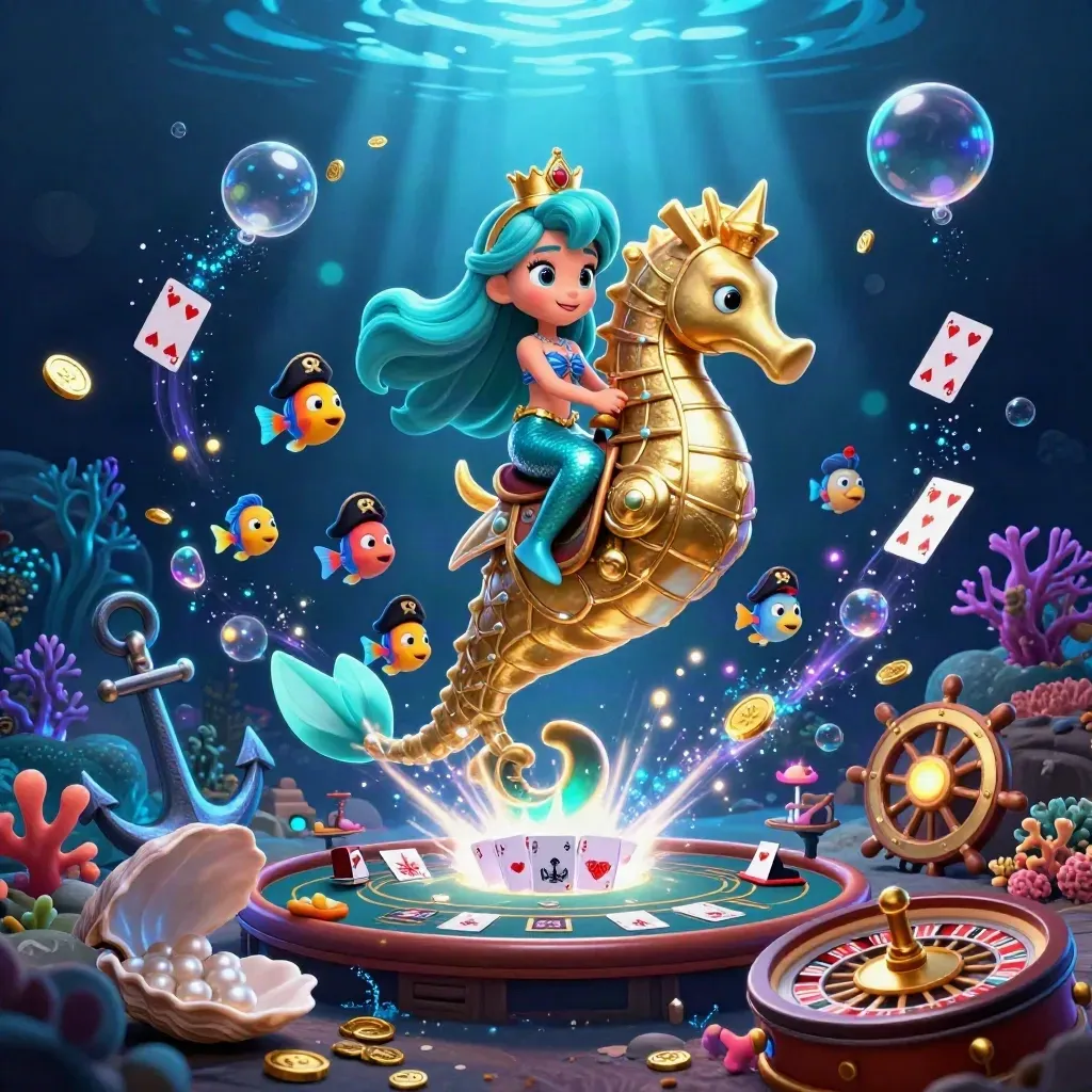 Mermaid princess on a golden seahorse in a neon treasure cove with fish, cards, coral, and casino lights.