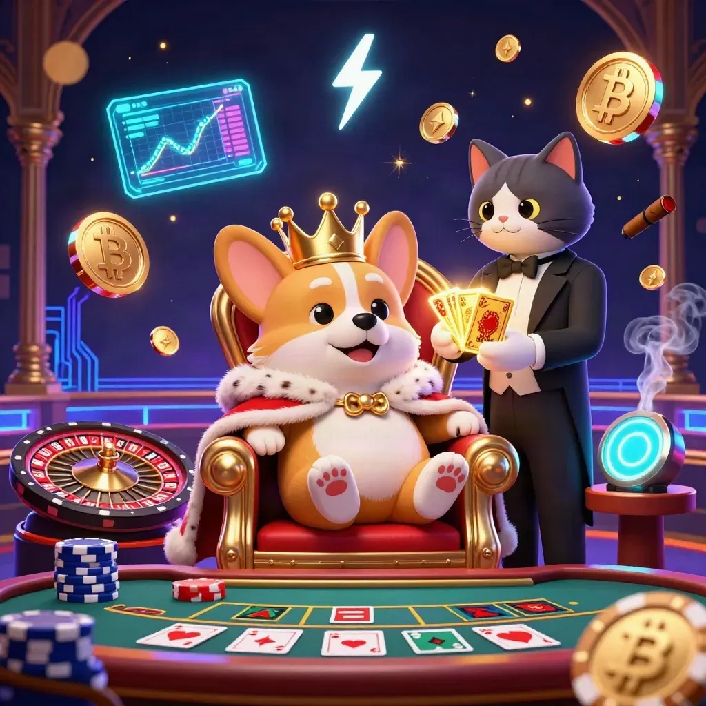 Crowned corgi and cat butler in a neon casino, surrounded by crypto coins and glowing game elements.