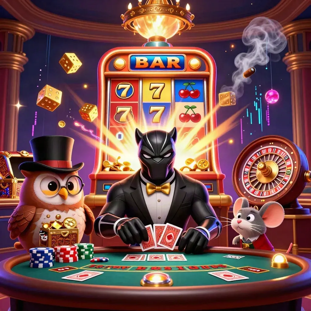 Panther, owl, and mouse in luxe casino room with slot burst, roulette, and glowing effects.