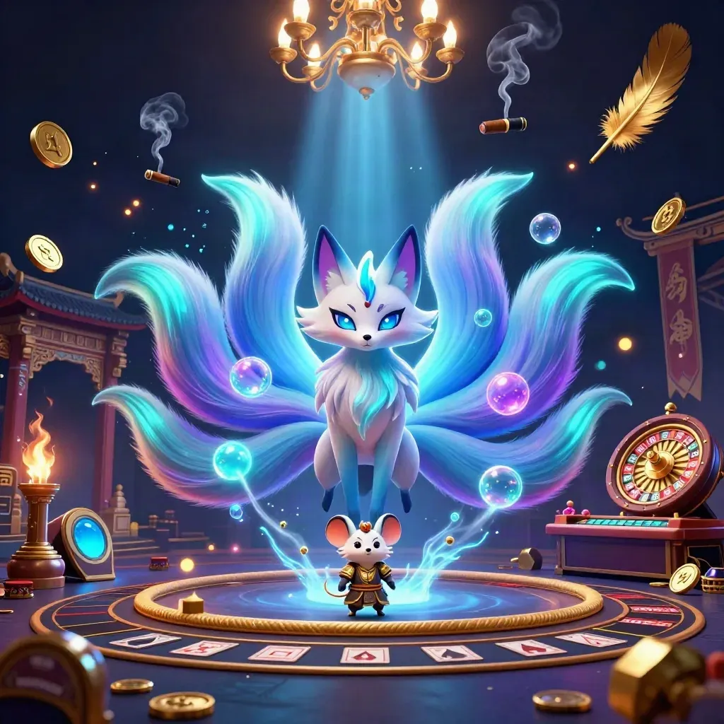 Neon fox spirit and samurai mouse amid roulette, cards, temple gate, and glowing casino lights.