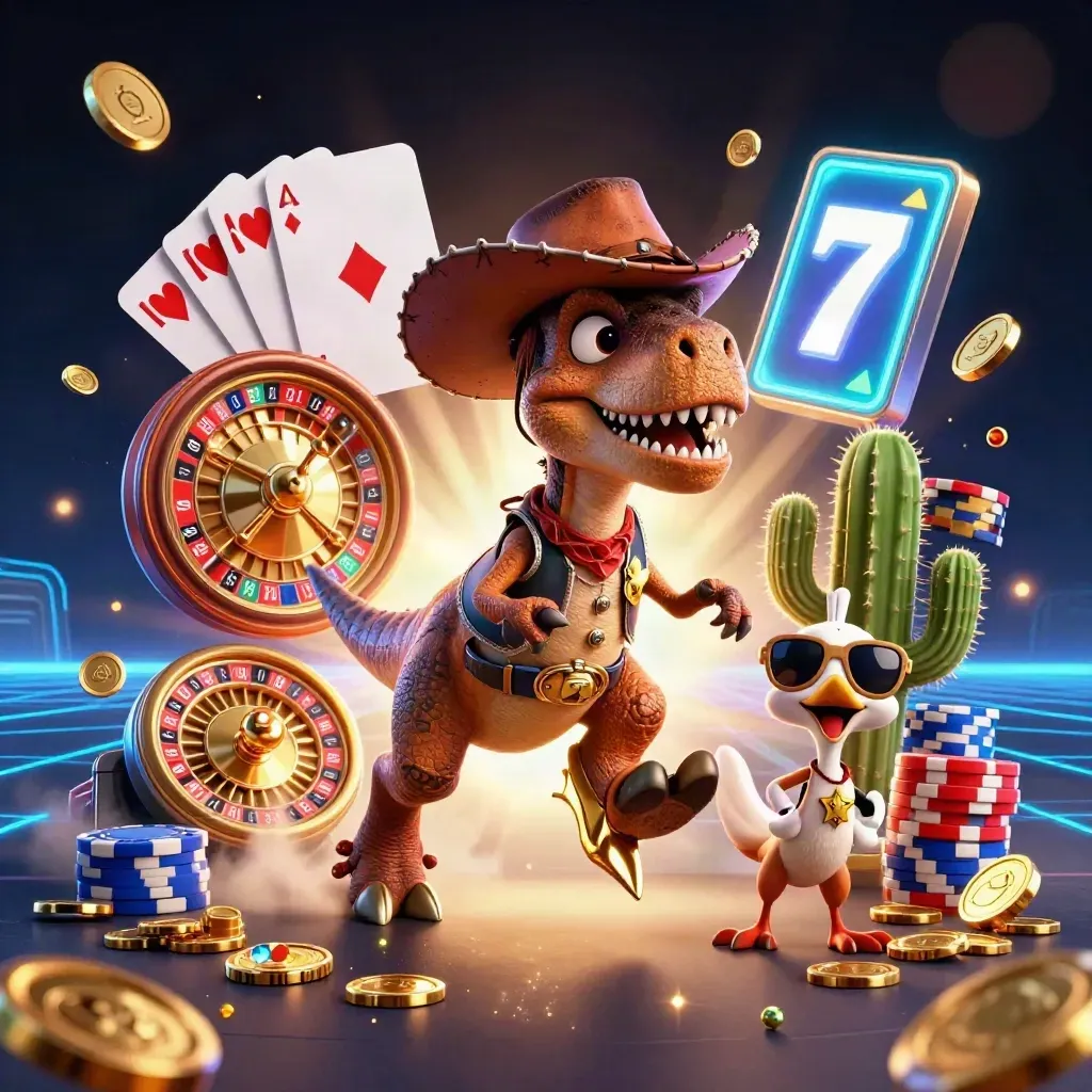 Cowboy T-Rex, cactus sidekick, and sheriff roadrunner amid casino treasure bursts.