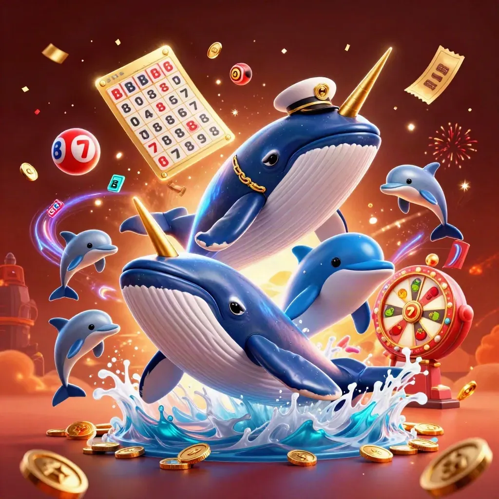 Whale captain, narwhal, and dolphins burst through coins with neon casino spark effects.