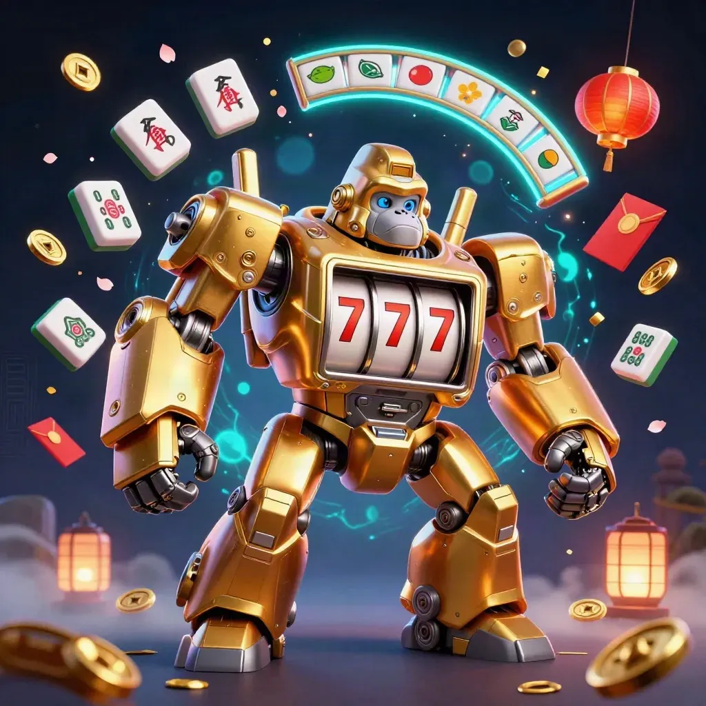 Golden gorilla mech with monkey pilot, cyan casino bursts, lanterns and jade coins in a dark neon sky.
