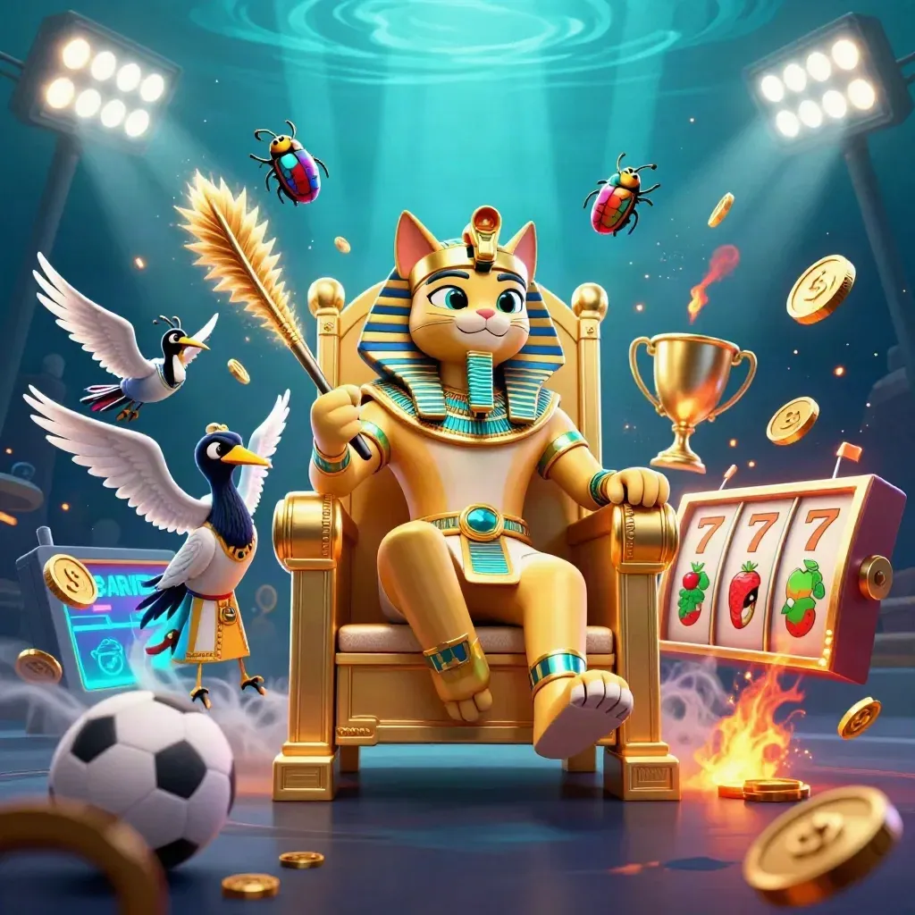 Pharaoh cat, ibis scribe, scarab wings, sports balls and gold loot in an underwater casino burst.