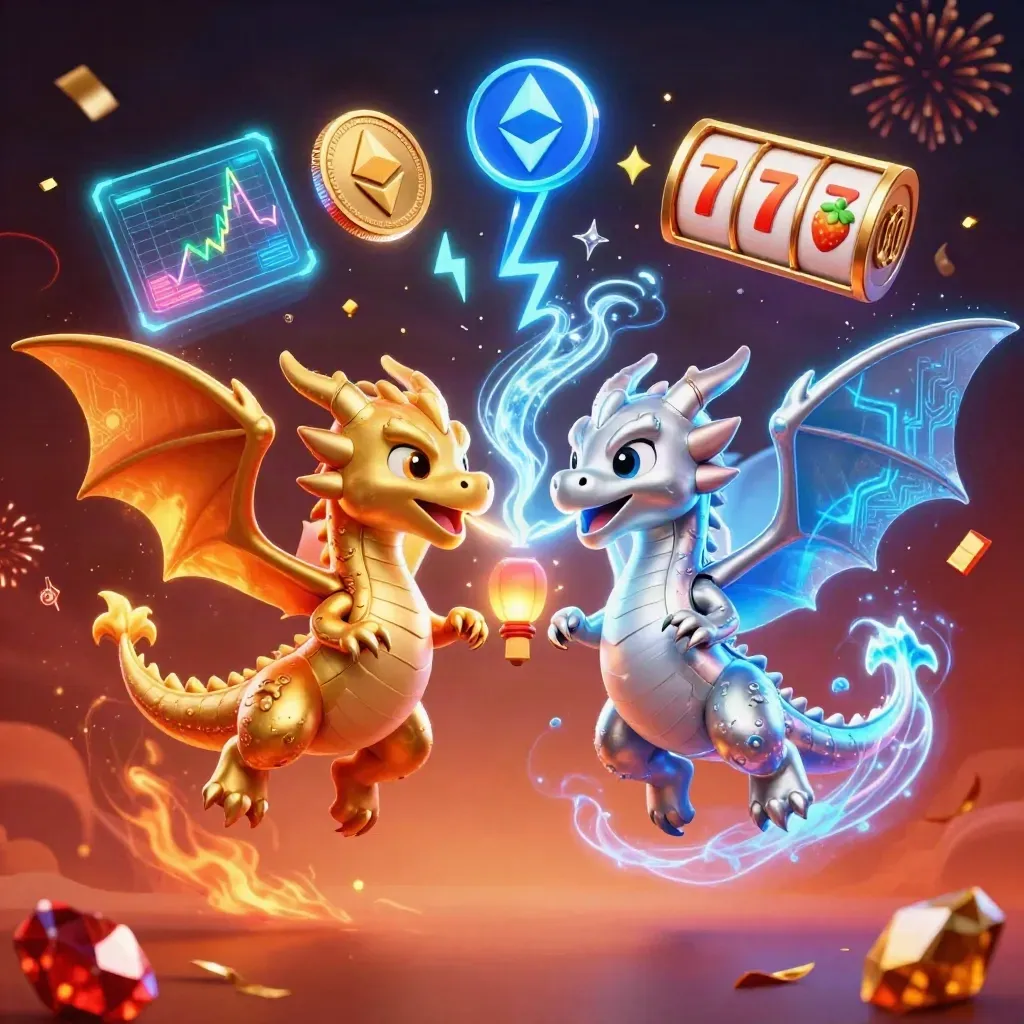 Twin gold and silver dragons in a cyan burst, trading fire and ice amid crypto coins and confetti