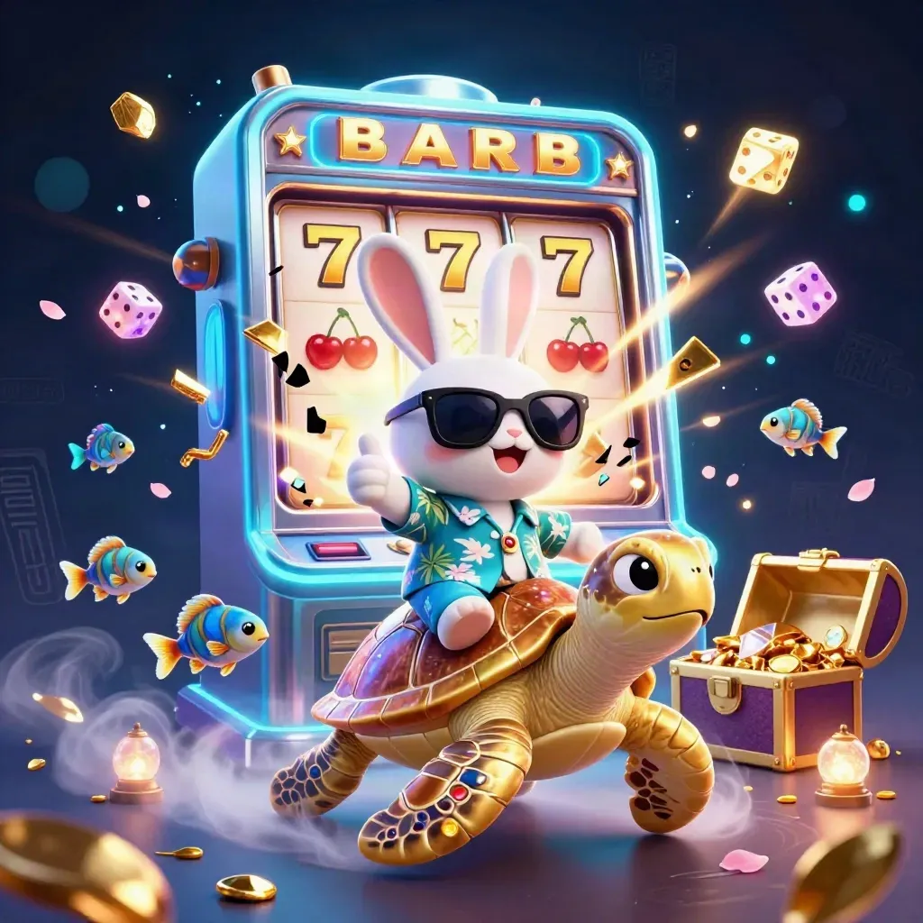 Lucky rabbit rides a gold sea turtle amid bursting slot-machine gold and cyan magic.