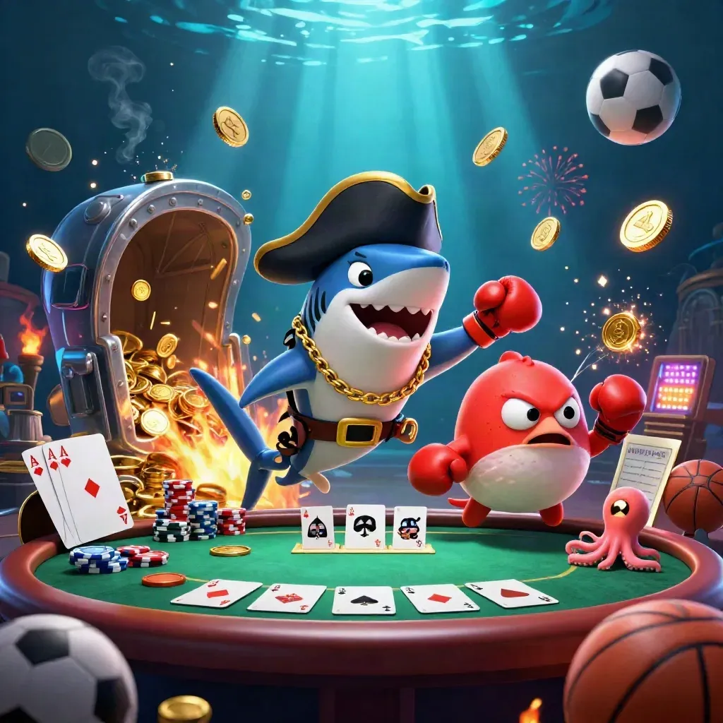 Pirate shark, pufferfish, and octopus celebrate amid coins, cards, chips, and fireworks underwater.