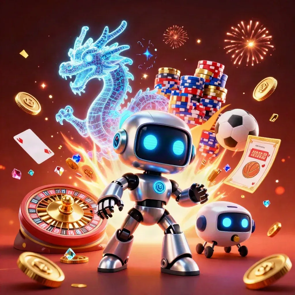 Cyberpunk robot, holographic dragon, and coin drone amid coins, gems, fireworks, and casino energy.
