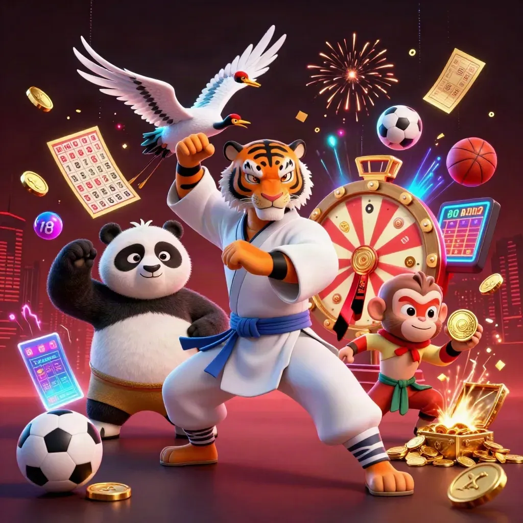 Tiger, panda, and monkey celebrate amid coins, lottery balls, fireworks, and casino energy.