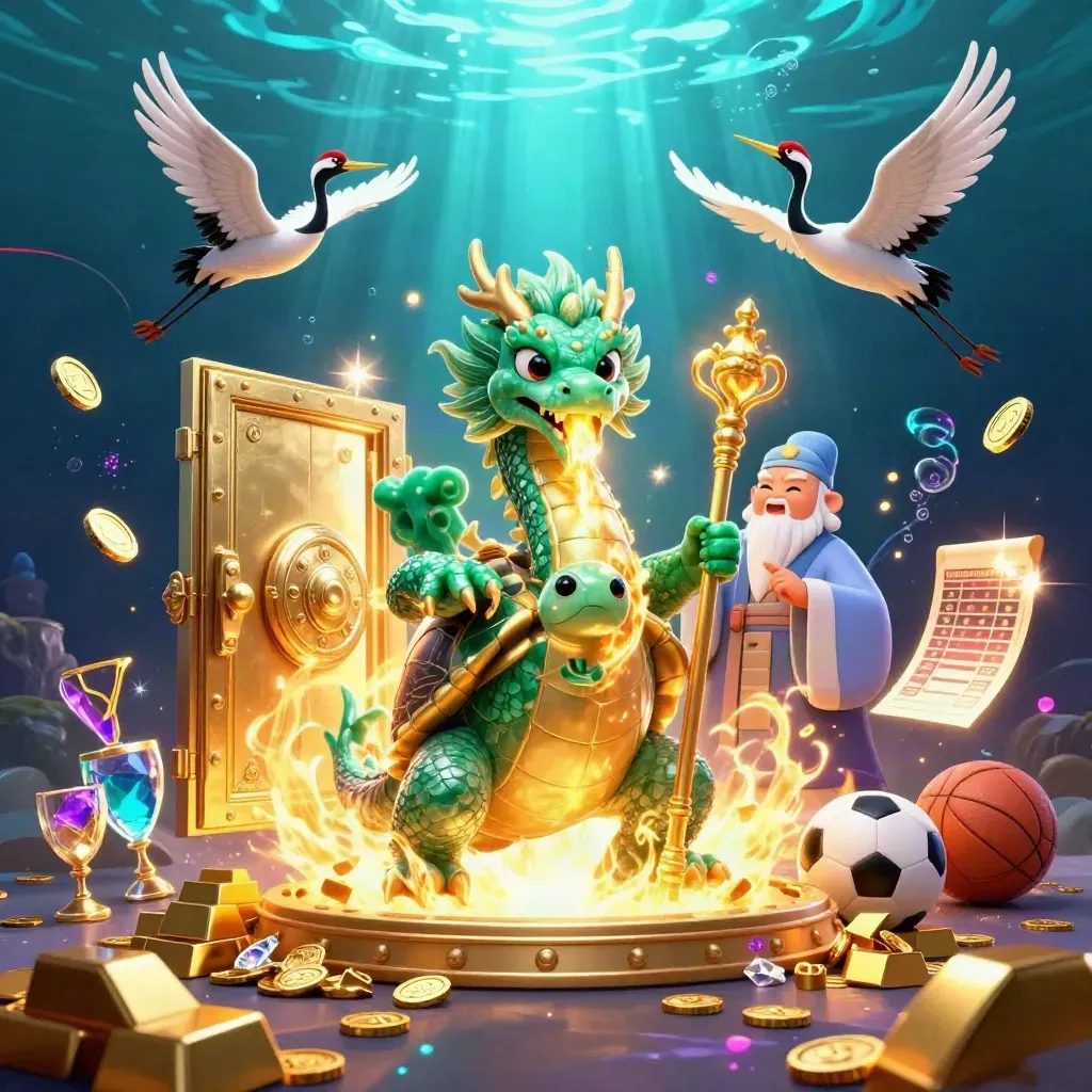 Dragon, turtle sage, and cranes explode from a vault amid gold, gems, and casino-sports icons underwater.