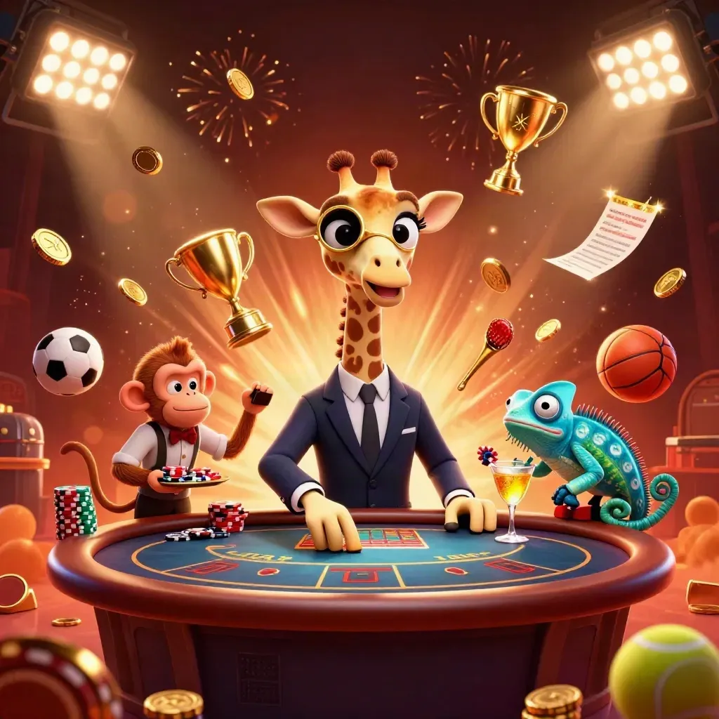 Giraffe, monkey, and chameleon celebrate amid flying coins, balls, lights, and fiery casino glamour.