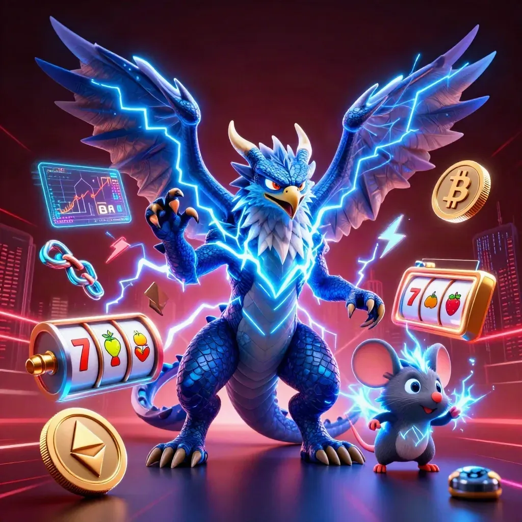 Thunder dragon, hawk, and mouse amid neon coins, reels, and lightning on a dark red casino backdrop.