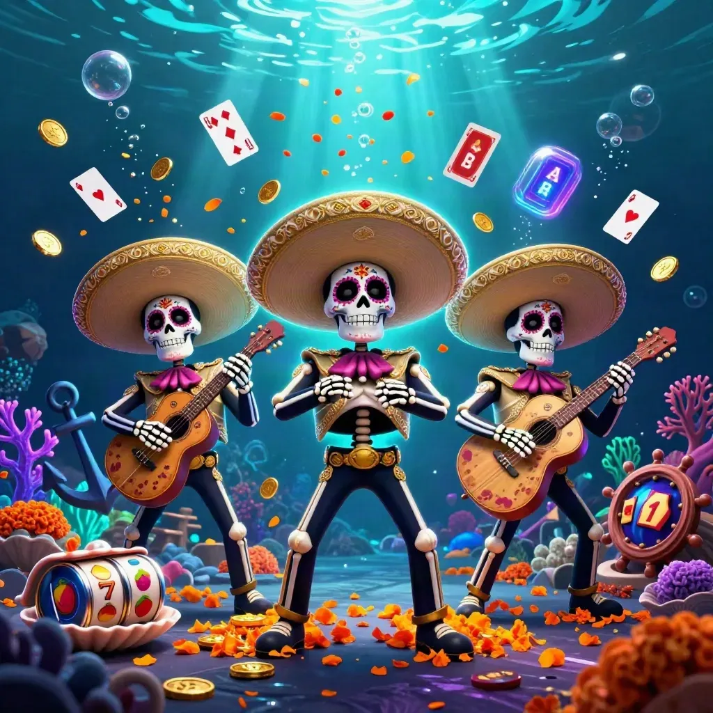 Three mariachi skeletons in an underwater treasure cove with glowing casino loot and cyan-gold light.