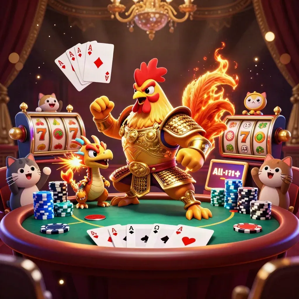 Rooster warrior, dragon hatchling and fortune cat amid casino chips and glowing slot reels