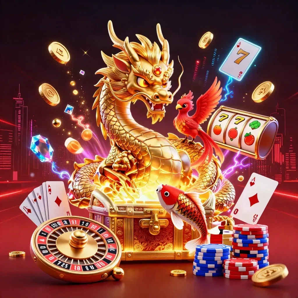 Golden dragon, phoenix, and koi amid casino riches with neon effects and a dark city backdrop.