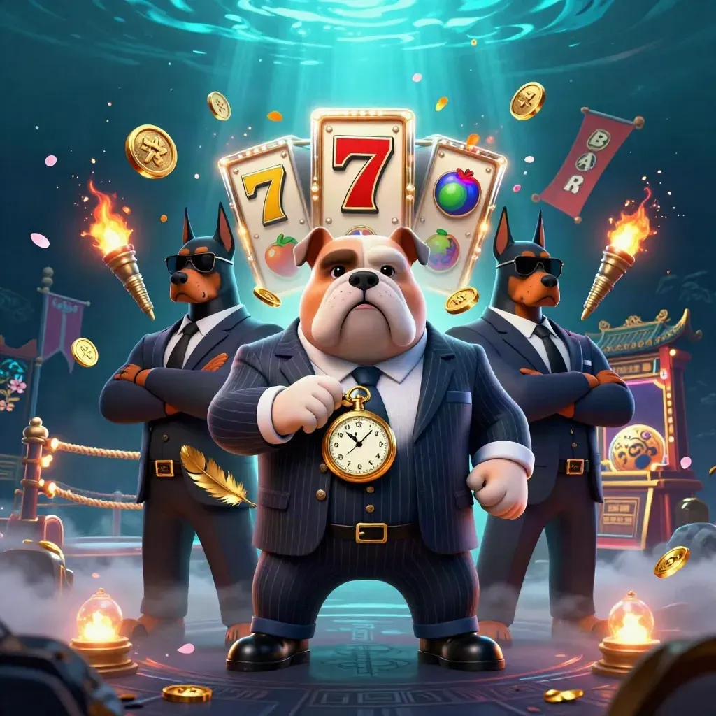 Bulldog boss with Doberman guards amid casino reels, coins, temple gate, and glowing underwater light.