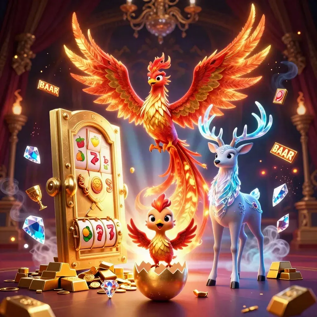 Phoenix, baby phoenix, and crystalline stag amid vault gold, gems, and neon casino glow.