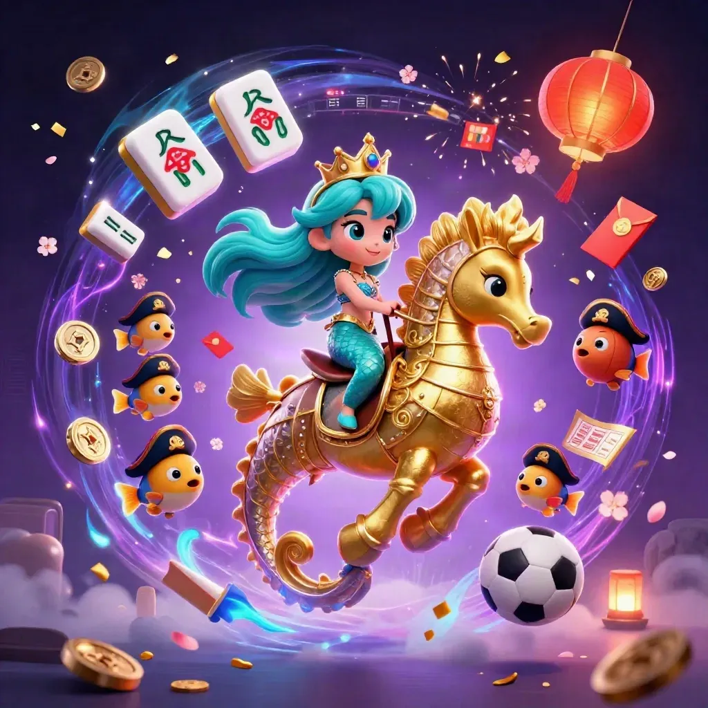 Mermaid princess rides armored seahorse amid casino charms, neon sparks, and sports icons.