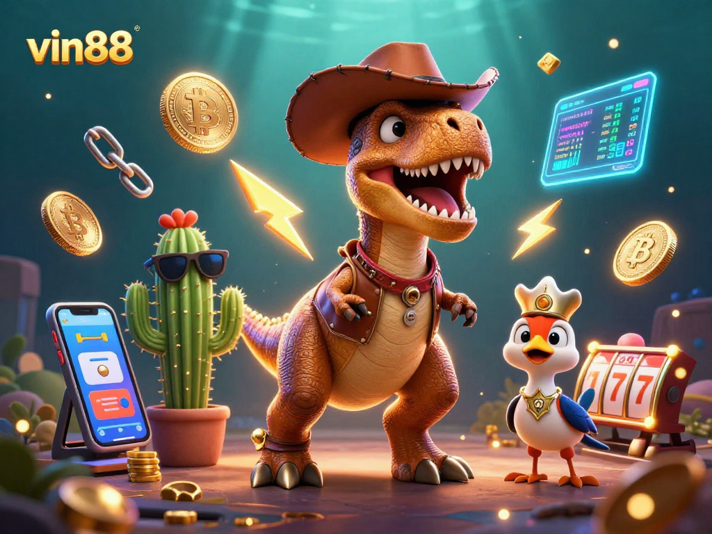 Experience the excitement of vin88 with a whimsical scene of a cowboy dinosaur and casino symbols.