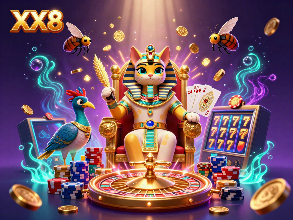 Engage with the dazzling XX8 casino scene featuring an Egyptian pharaoh cat and sparkling jackpots.