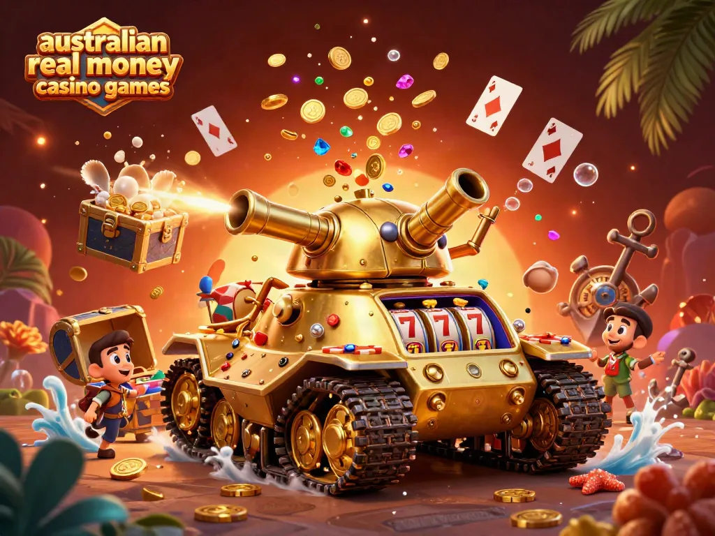 Experience australian real money casino games with a vibrant cartoon scene featuring a golden beetle tank and casino elements.