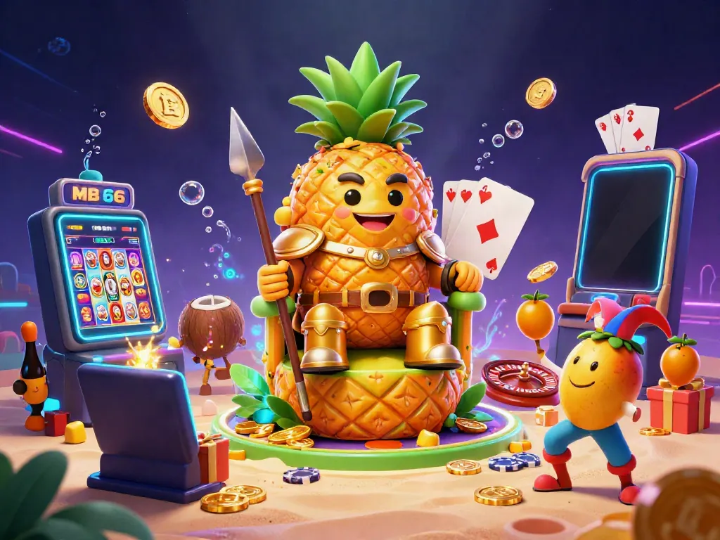 Experience thrilling moments at MB 66 Casino with a lively 3D illustration of vibrant characters and gaming elements.
