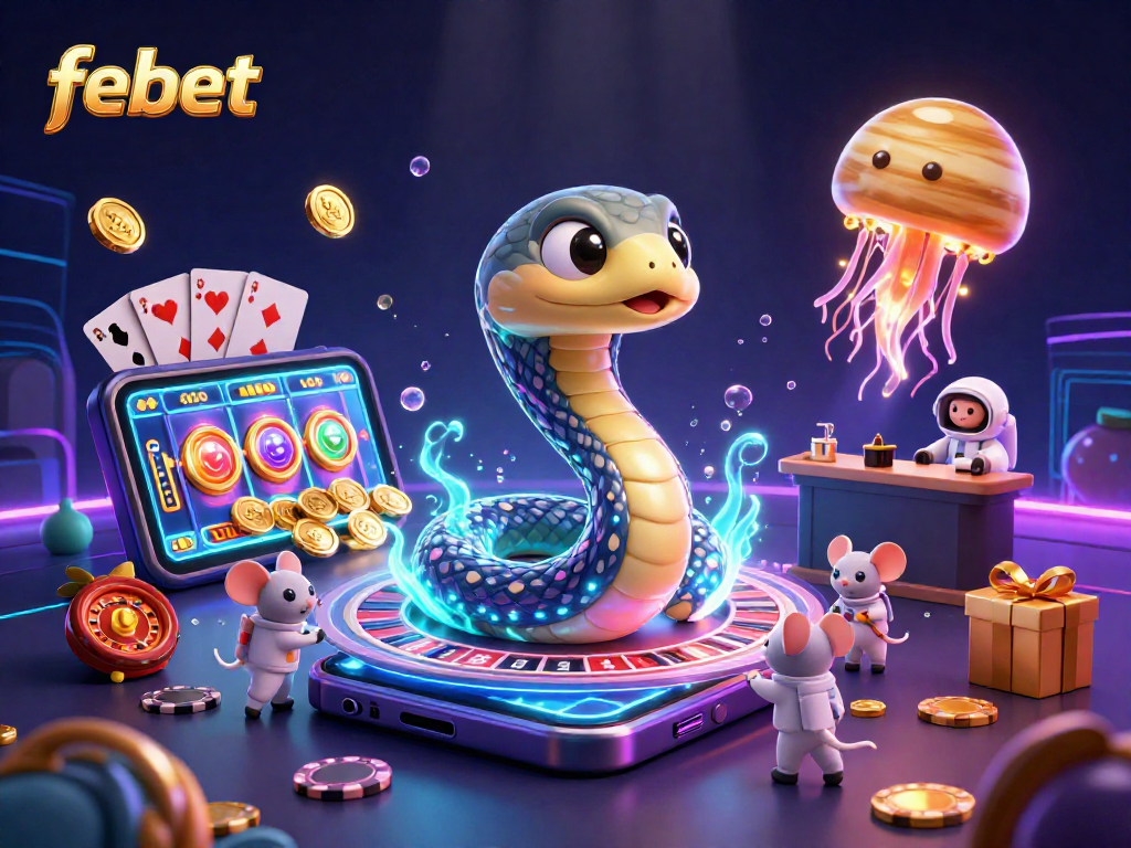 Experience thrilling bets with febet in a vibrant 3D cosmic casino illustration.