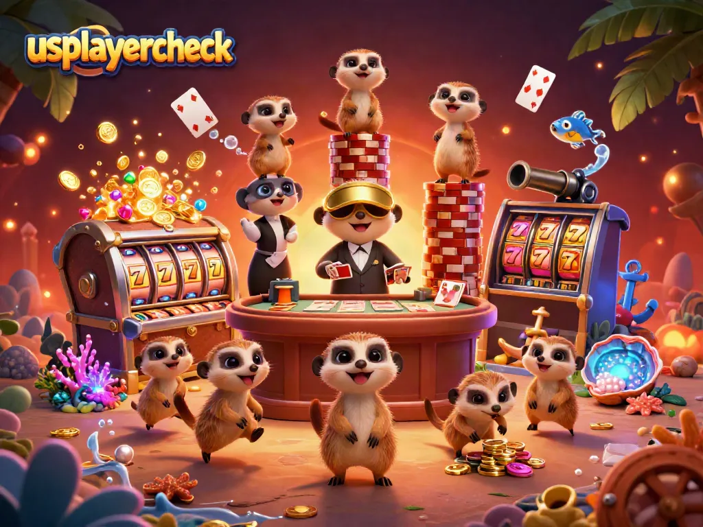 Join usplayercheck's meerkat casino crew in a vibrant 3D illustration of thrilling slot action.