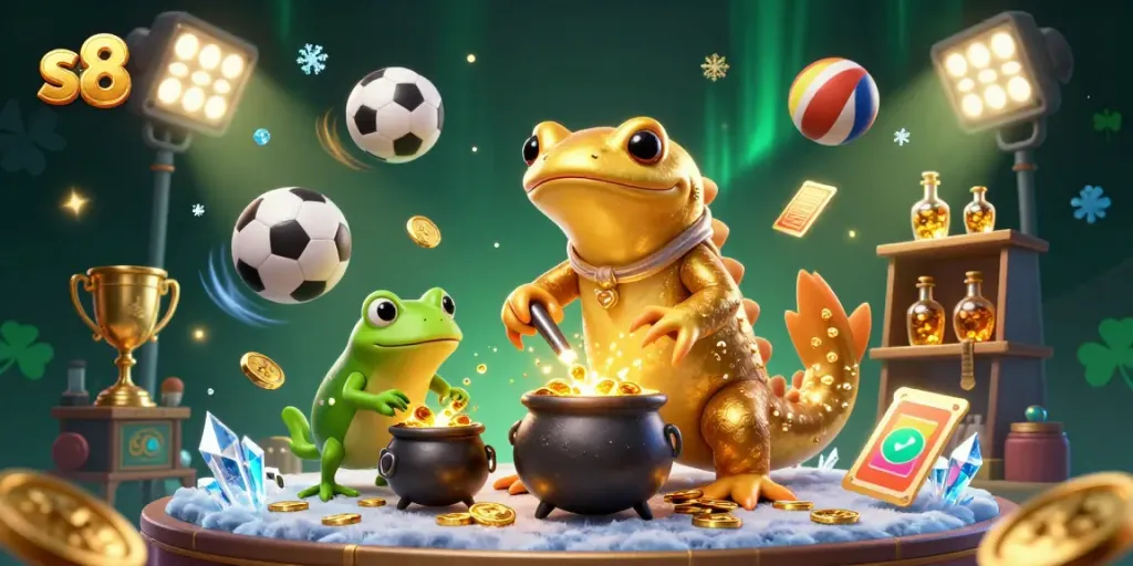 Engage in thrilling wins at S8 with this enchanting scene of magical gold transformation and dynamic sports betting elements.