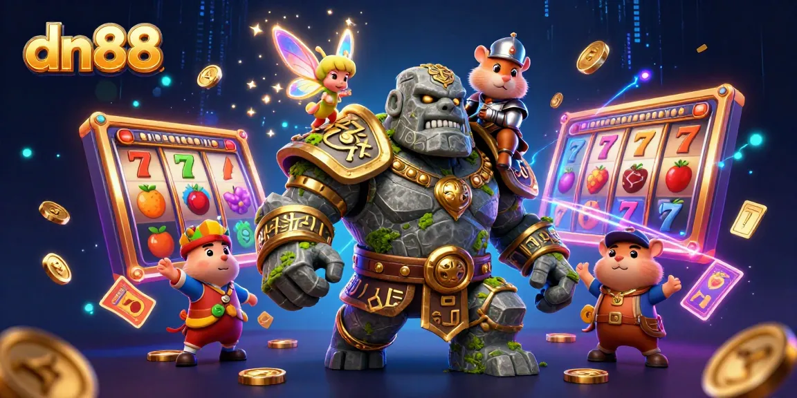 Engage in thrilling gameplay with dn88, featuring a mystical scene of a golem guardian and knight amidst spinning slot reels.
