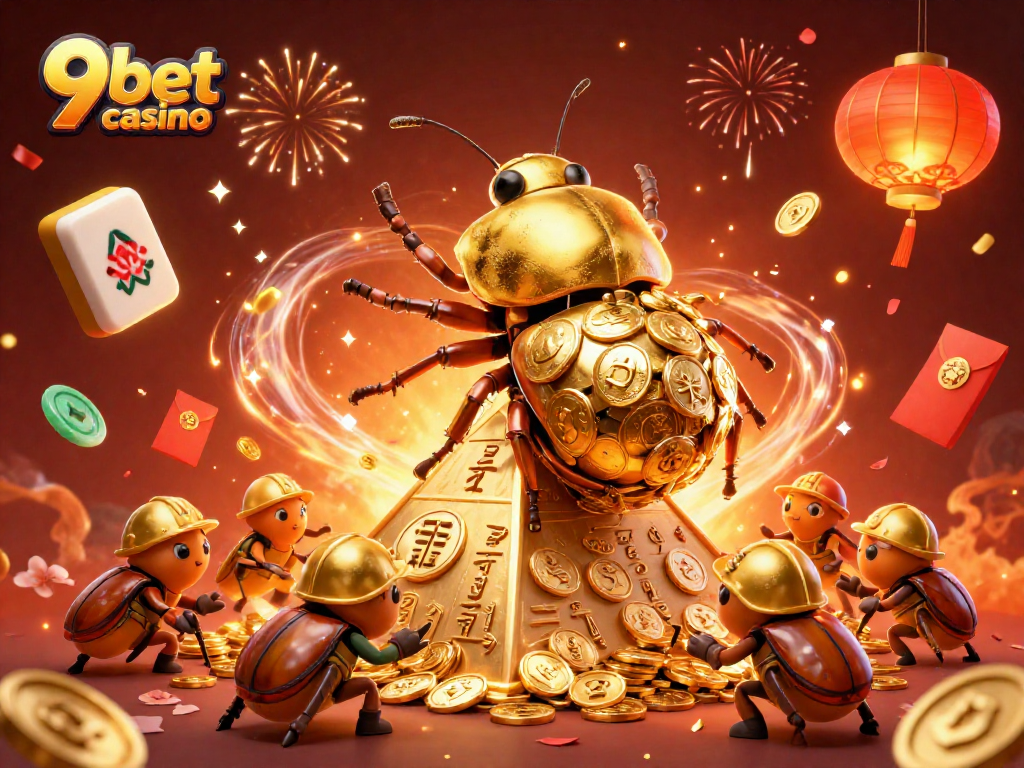 Experience the thrill of 9bet casino with dynamic illustrations of gaming elements and festive themes.