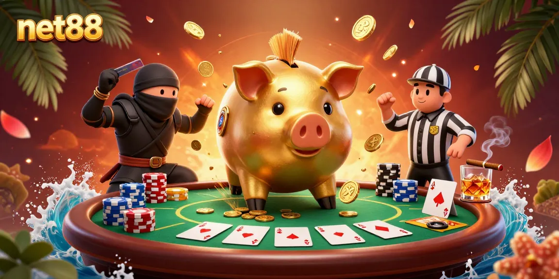 Experience exhilarating poker action with net88's vibrant 3D illustration featuring dynamic characters and rich casino elements.