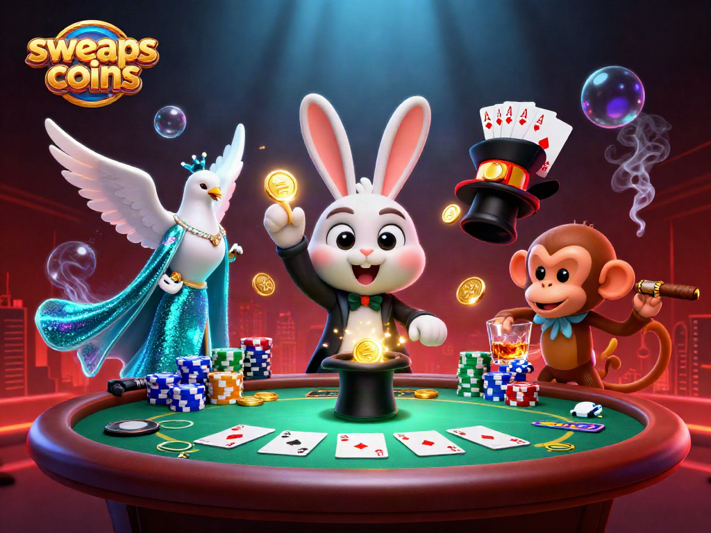 Experience the magic at sweeps coins casino with a playful scene of gambling characters and vibrant casino elements.