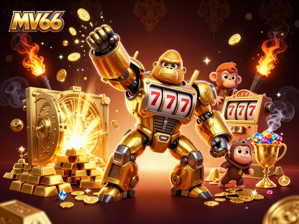 Engage with MV66's thrilling action through a golden gorilla mech championing jackpots amidst treasures.