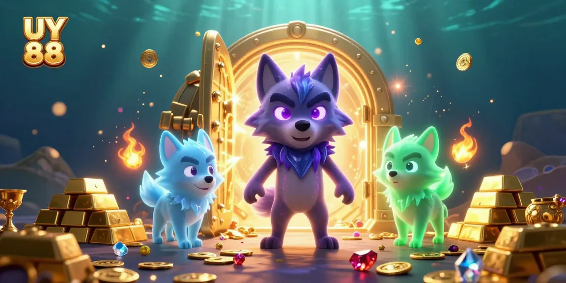 Experience UY 88 gaming excitement with a powerful wolf leader in a vibrant casino treasure scene.