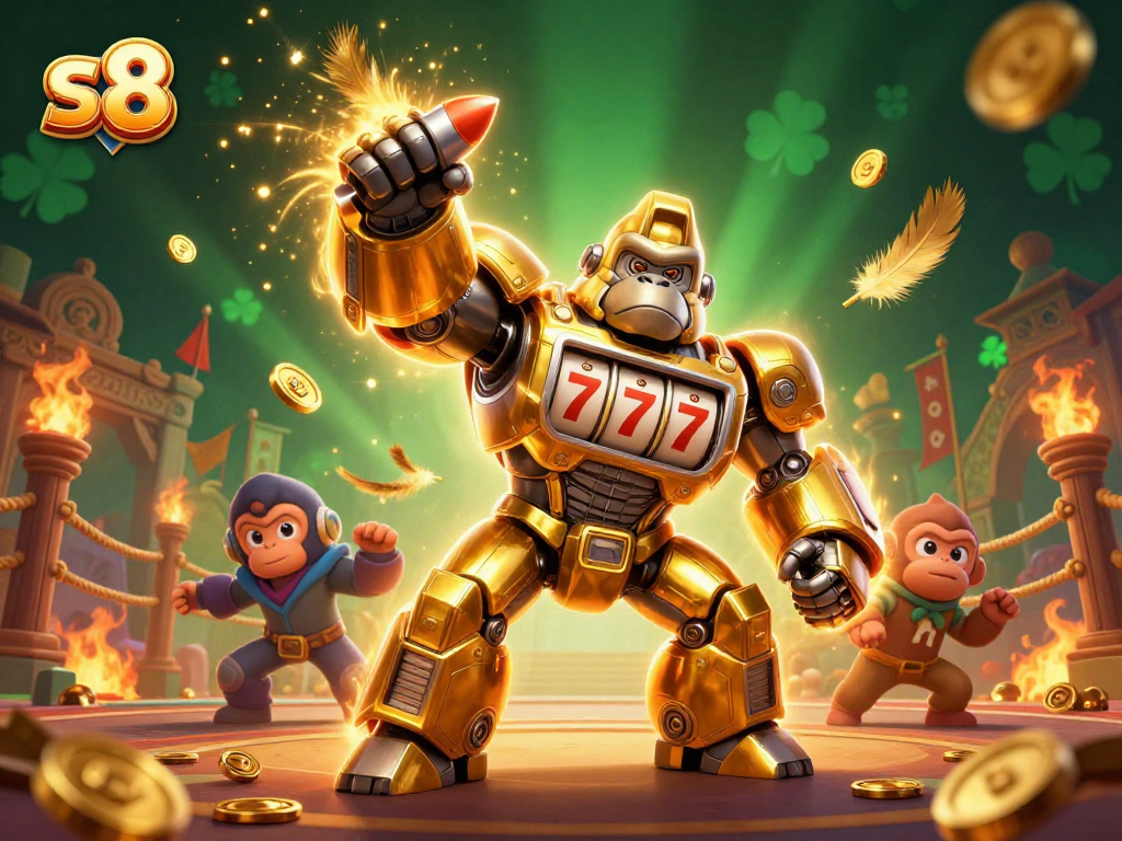 Engage with thrilling s8 games featuring a golden gorilla mech and dynamic casino scenes.