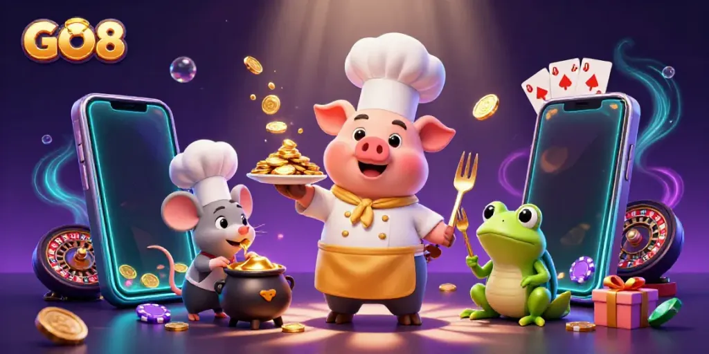 Experience exciting gaming adventures at GO8 with pig chef serving gold coins amidst vibrant casino elements.