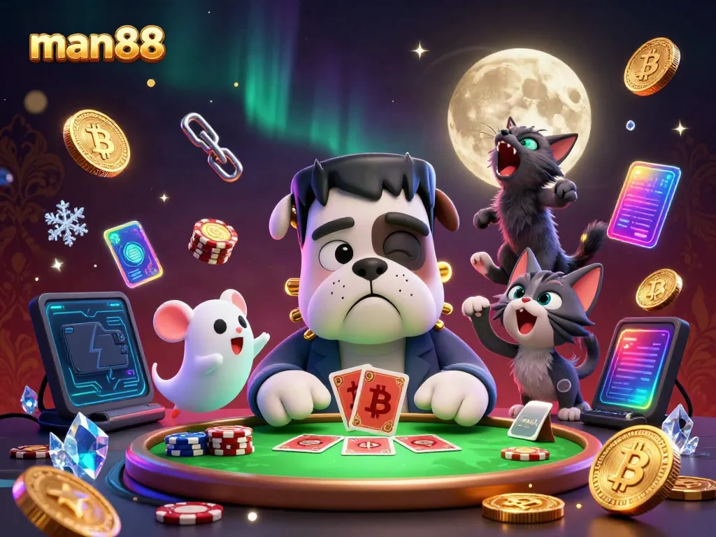 Engage in thrilling gameplay at man88 with a lively 3D illustration depicting casino excitement and colorful gaming elements.