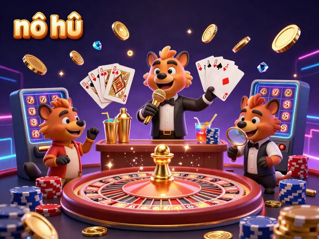 Experience nổ hũ excitement in a vibrant casino scene with hyenas and dynamic gaming elements.