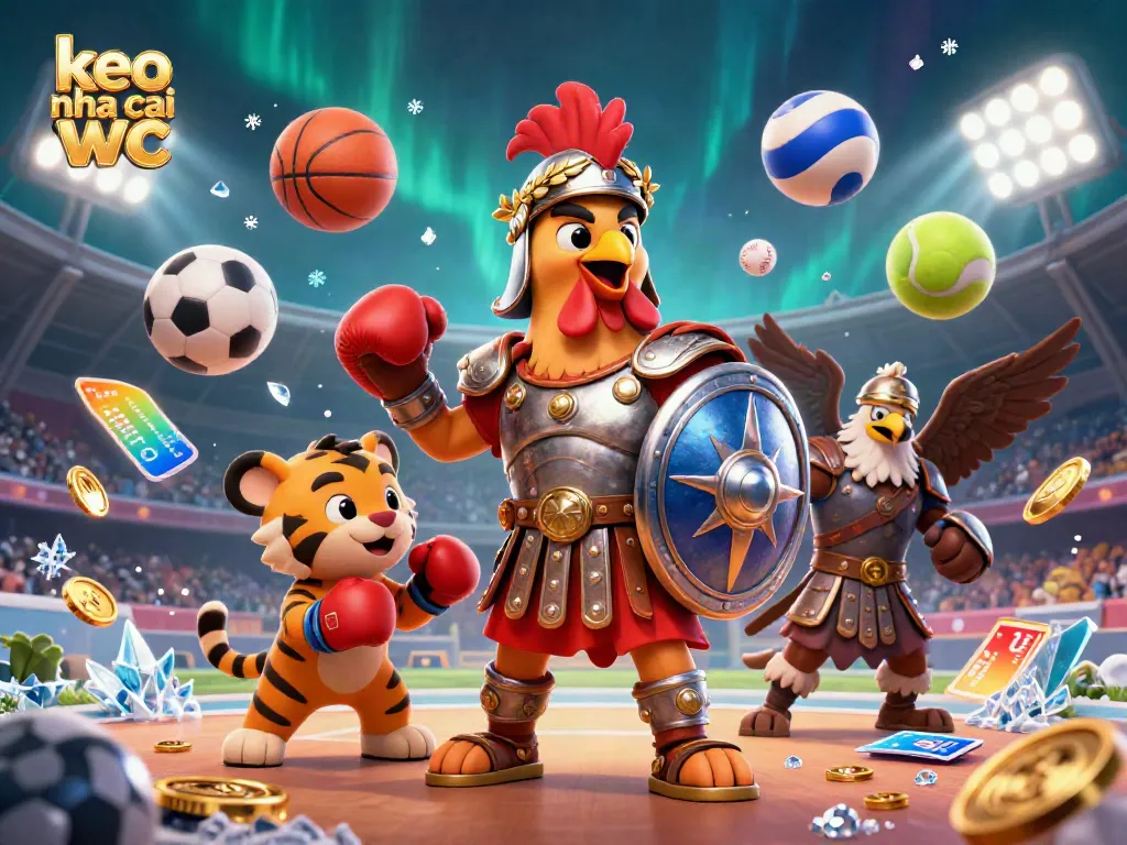 Engage with the thrilling world of "keo nha cai wc" as a gladiator rooster and tiger cub capture the arena's energy.