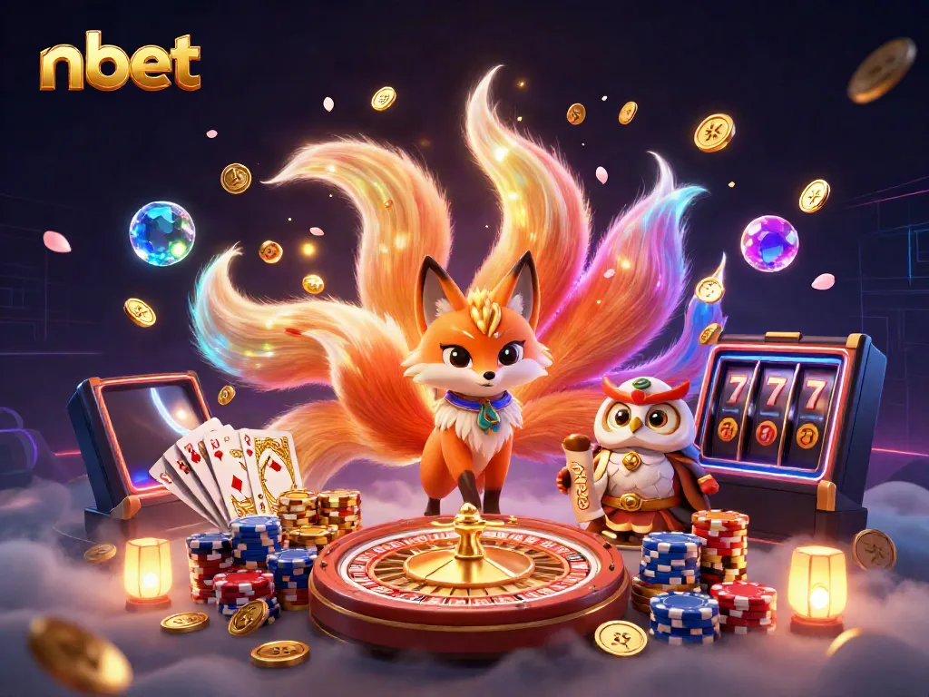 Engaging nbet 3D illustration featuring a vibrant nine-tailed fox spirit and a wise owl sage with cascading casino elements.