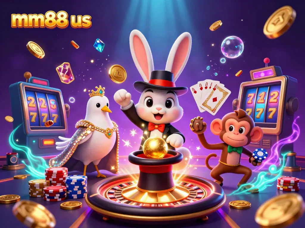Experience magic at mm88 us with a cartoon rabbit, glamorous dove, and playful monkey in a vibrant casino scene.