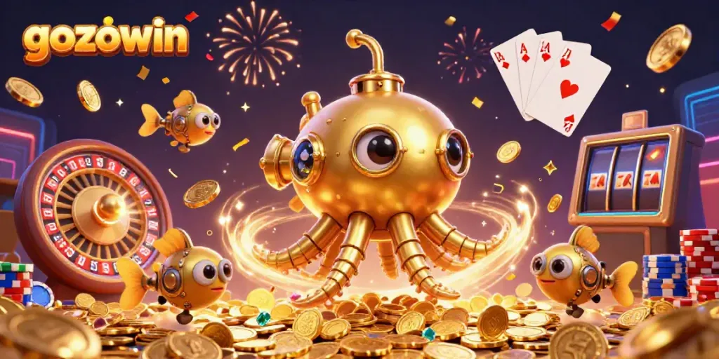 Experience the thrill of gozowin with a golden kraken submarine amidst cascading coins and vibrant gaming elements.