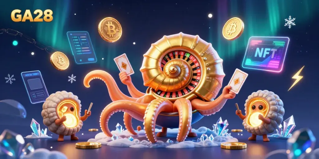 Engaging scene with GA28 displaying a giant nautilus using cards, crypto coins, and glowing ammonite companions.