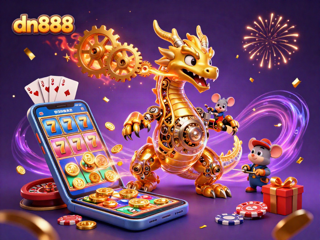 Experience thrilling gaming moments with dn888 as a golden dragon and tiny mouse celebrate wins.