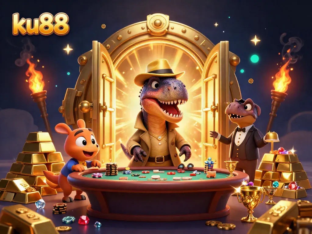 ku88 velociraptor counts cards at a blackjack table, stealing chips amid treasure and gems